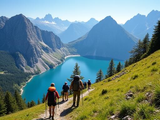 Escursionisti sulle Dolomiti con un lago alpino sullo sfondo