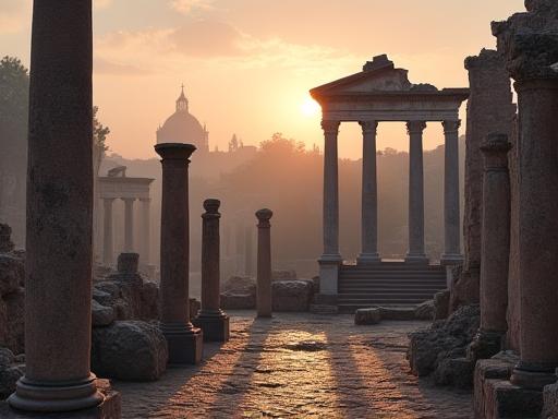 Un dettaglio del Foro Romano all'alba senza folla