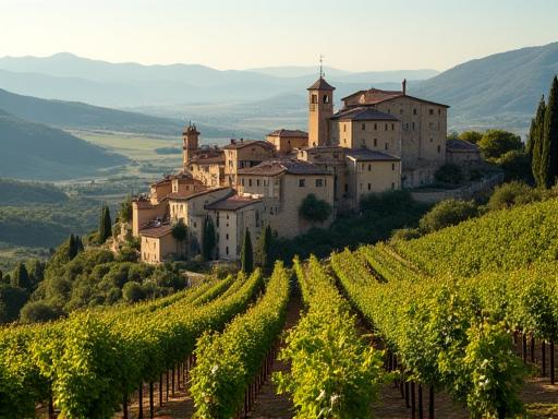 Un piccolo borgo medievale in Toscana circondato da vigneti